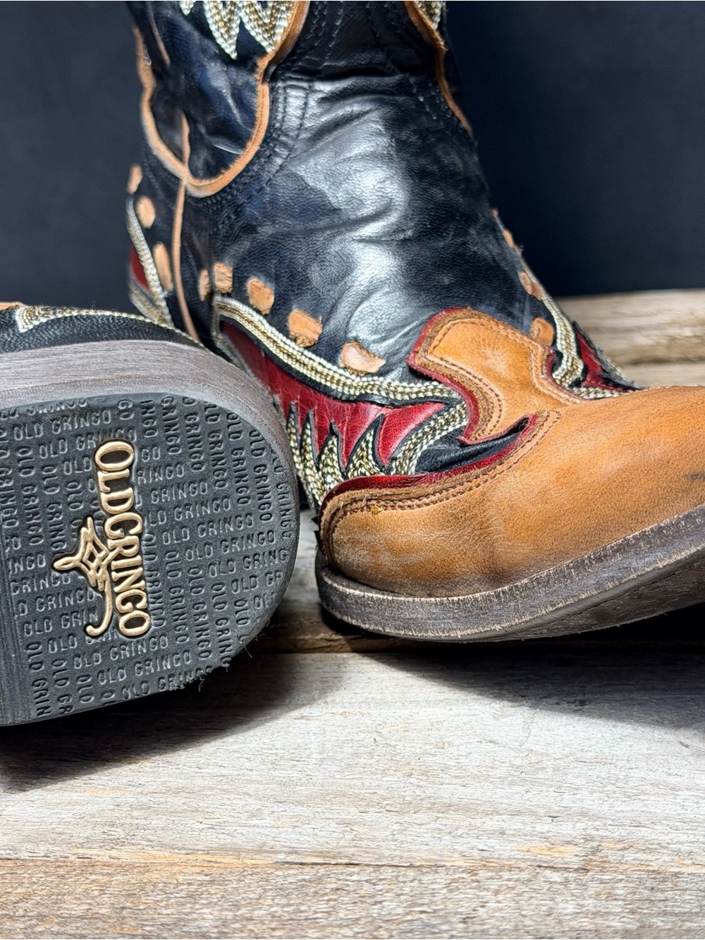 Old Gringo Black, Tan & Red Tooled Leather Cowboy Boots - Picture 2 of 13